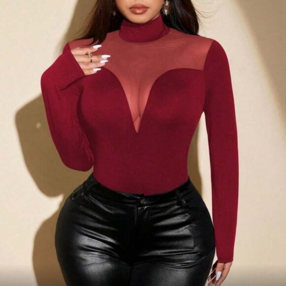 Tops - Elegant Burgundy Sheer Long Sleeve Bodysuit